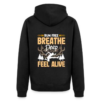 Run free feel alive - Unisex Premium Bio Zip Hoodie - Schwarz - Hinten - Nico (187cm)