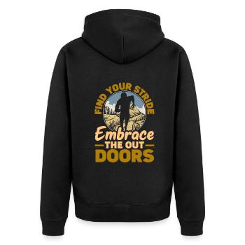Find your stride embrace the outdoors - Unisex Premium Bio Zip Hoodie - Schwarz - Hinten - Nico (187cm)