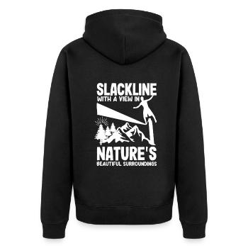 Slackline with a view, in nature's beautiful - Unisex Premium Organic Zip Hoodie - black - Back - Nico (187cm)
