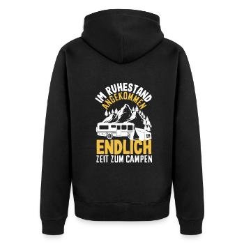 Im Ruhestand angekommen - endlich Zeit zum Campen - Unisex Premium Bio Zip Hoodie - Schwarz - Hinten - Nico (187cm)
