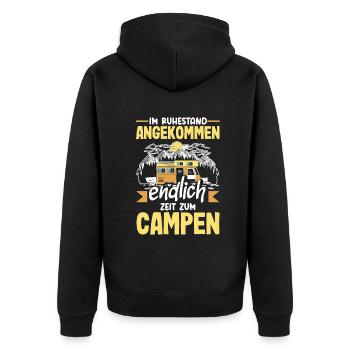 Im Ruhestand angekommen - endlich Zeit zum Campen - Unisex Premium Bio Zip Hoodie - Schwarz - Hinten - Nico (187cm)