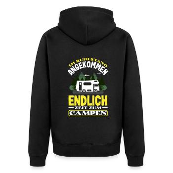 Im Ruhestand angekommen - endlich Zeit zum Campen - Unisex Premium Bio Zip Hoodie - Schwarz - Hinten - Nico (187cm)