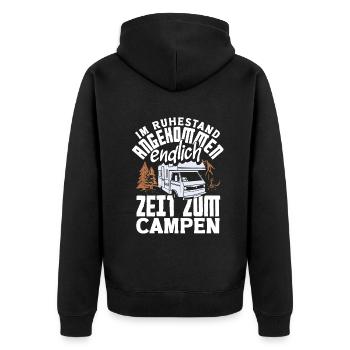 Im Ruhestand angekommen - endlich Zeit zum Campen - Unisex Premium Bio Zip Hoodie - Schwarz - Hinten - Nico (187cm)