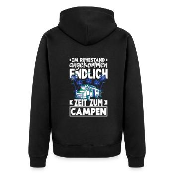 Im Ruhestand angekommen - endlich Zeit zum Campen - Unisex Premium Bio Zip Hoodie - Schwarz - Hinten - Nico (187cm)