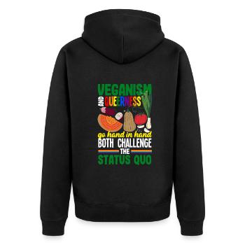 Veganism and queerness go hand in hand - Unisex Premium Bio Zip Hoodie - Schwarz - Hinten - Nico (187cm)