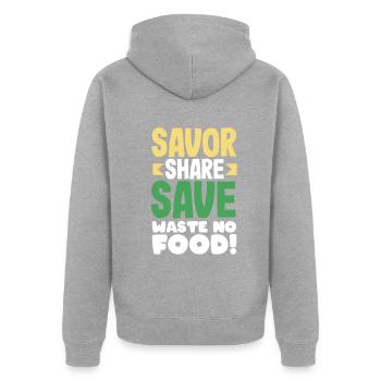 Savourer. Partager. Sauvegarder. Ne gaspillez pas de nourriture! Conscient - Veste à capuche bio Premium Unisexe - gris chiné - Dos - Nico (187cm)