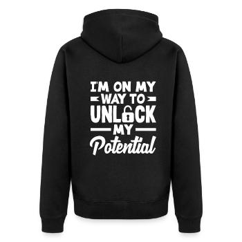 I'm on my way to unlock my potential - Unisex Premium Bio Zip Hoodie - Schwarz - Hinten - Nico (187cm)