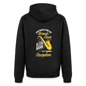 Unterschätze Niemals Alten Mann Mit Saxophon - Unisex Premium Bio Zip Hoodie - Schwarz - Hinten - Nico (187cm)