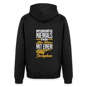 Unterschätze Niemals Alten Mann Mit Saxophon - Unisex Premium Bio Zip Hoodie - Schwarz - Hinten - Nico (187cm)