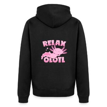 Relaxender Axolotl Wortwitz: Relaxolotl - Unisex Premium Bio Zip Hoodie - Schwarz - Hinten - Nico (187cm)