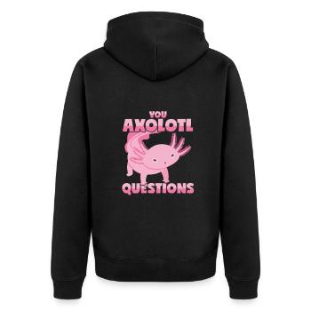 Axolotl Wortwitz: Du stellst eine Menge Fragen! - Unisex Premium Bio Zip Hoodie - Schwarz - Hinten - Nico (187cm)