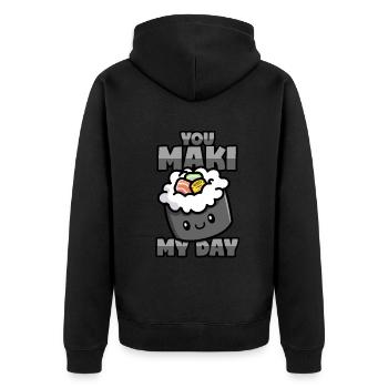 Sushi Wortwitz - Maki, Sashimi und Nigiri - Unisex Premium Bio Zip Hoodie - Schwarz - Hinten - Nico (187cm)