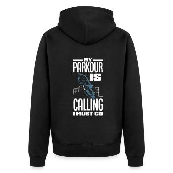Lustiges Parkourläufer Freerunner Geschenk - Unisex Premium Bio Zip Hoodie - Schwarz - Hinten - Nico (187cm)