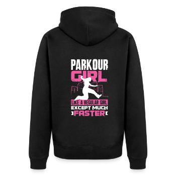 Mädchen Damen Parkourläufer Freerunner Geschenk - Unisex Premium Bio Zip Hoodie - Schwarz - Hinten - Nico (187cm)