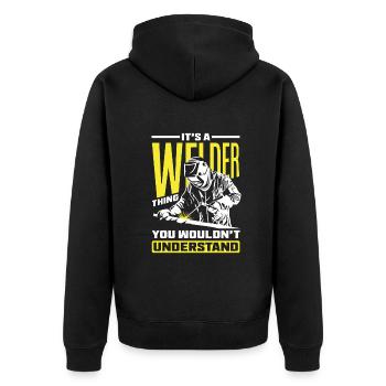 Lustiges Schweißer Geschenk - Unisex Premium Bio Zip Hoodie - Schwarz - Hinten - Nico (187cm)