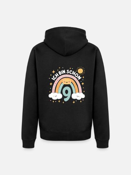 9th Birthday Shirt Rainbow Cloud - Unisex Premium Organic Zip Hoodie - black