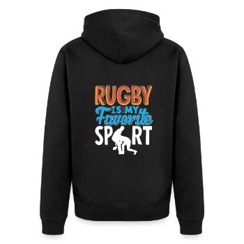 Rugby Ist Mein Lieblingssport - Unisex Premium Bio Zip Hoodie - Schwarz - Hinten - Nico (187cm)
