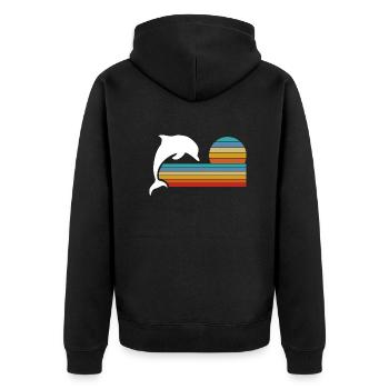 Retro Dolphin Sunset Stripes - Unisex Premium Organic Zip Hoodie - black - Back - Nico (187cm)