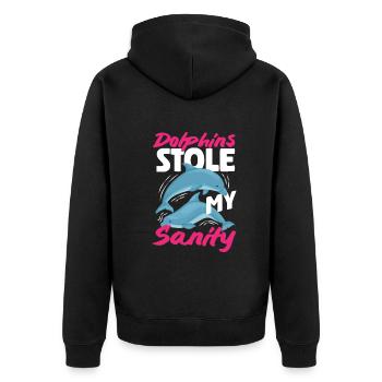 Delfine Stahlen Meinen Verstand - Unisex Premium Bio Zip Hoodie - Schwarz - Hinten - Nico (187cm)