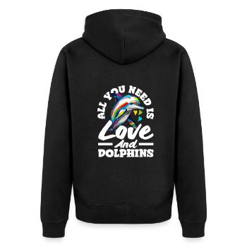 Alles Was Du Brauchst Ist Liebe Und Delfine - Unisex Premium Bio Zip Hoodie - Schwarz - Hinten - Nico (187cm)