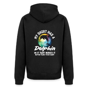 My shirt has a dolphin on it - Unisex Premium Organic Zip Hoodie - black - Back - Nico (187cm)
