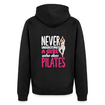 Never Underestimate a Girl Pilates - Unisex Premium Organic Zip Hoodie - black - Back - Nico (187cm)