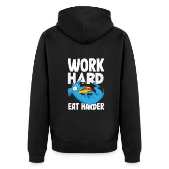 Work Harder Eat Harder Hot Dog Fun - Unisex Premium Organic Zip Hoodie - black - Back - Nico (187cm)