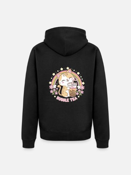 Cute Bubble Tea Rainbow Cat - Unisex Premium Organic Zip Hoodie - black