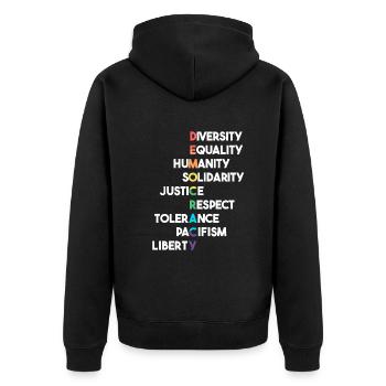 Demokratie Begriffe Respekt, Toleranz - Unisex Premium Bio Zip Hoodie - Schwarz - Hinten - Nico (187cm)