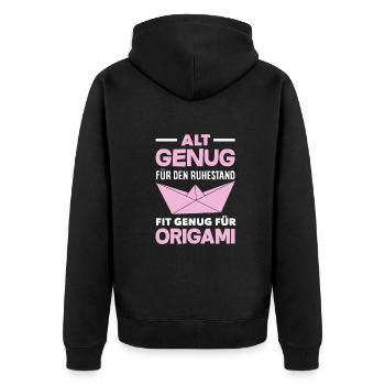 Old enough for retirement, fit enough for origami - Unisex Premium Organic Zip Hoodie - black - Back - Nico (187cm)