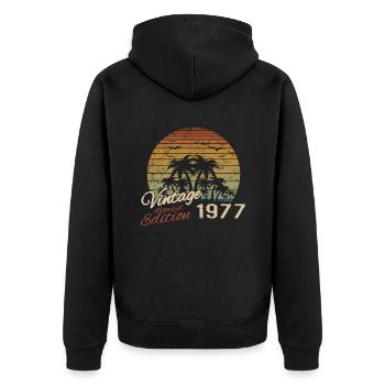 Vintage 1977 Geburtstagsgeschenk 1977 Retro 1977 - Unisex Premium Bio Zip Hoodie - Schwarz - Hinten - Nico (187cm)