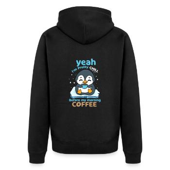 Ja, ich bin ziemlich kühl vor meinem Morgenkaffee - Unisex Premium Bio Zip Hoodie - Schwarz - Hinten - Nico (187cm)