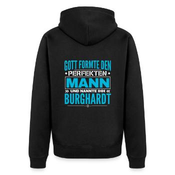 Burghardt Name Design - Unisex Premium Bio Zip Hoodie - Schwarz - Hinten - Nico (187cm)