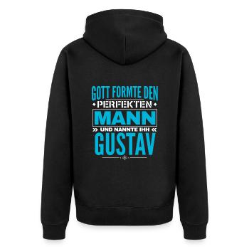Gustav Name Design - Unisex Premium Bio Zip Hoodie - Schwarz - Hinten - Nico (187cm)