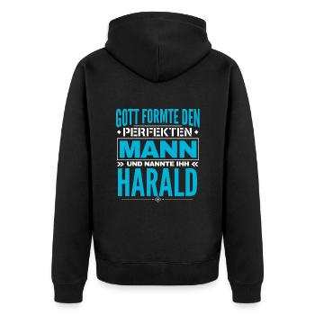Harald Name Design - Unisex Premium Bio Zip Hoodie - Schwarz - Hinten - Nico (187cm)