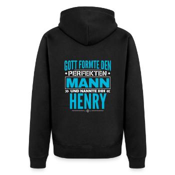 Henry Name Design - Unisex Premium Bio Zip Hoodie - Schwarz - Hinten - Nico (187cm)