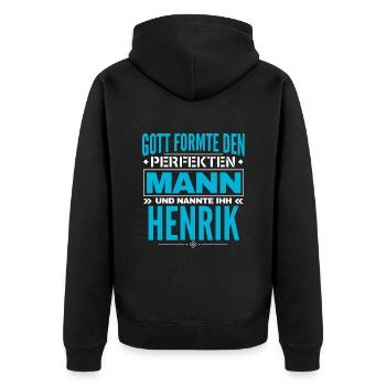 Henrik Name Design - Unisex Premium Bio Zip Hoodie - Schwarz - Hinten - Nico (187cm)
