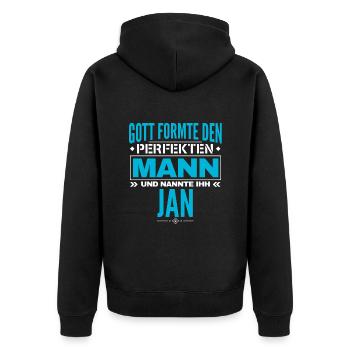 jan Und Name Design - Unisex Premium Bio Zip Hoodie - Schwarz - Hinten - Nico (187cm)