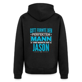 Jason Name Design - Unisex Premium Bio Zip Hoodie - Schwarz - Hinten - Nico (187cm)