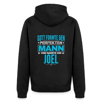 Joel Name Design - Unisex Premium Bio Zip Hoodie - Schwarz - Hinten - Nico (187cm)
