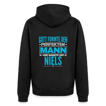 Niels Name Design - Unisex Premium Bio Zip Hoodie - Schwarz - Hinten - Nico (187cm)