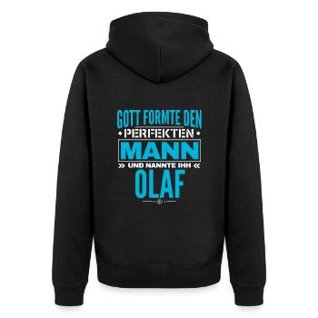 Olaf Name Design - Unisex Premium Bio Zip Hoodie - Schwarz - Hinten - Nico (187cm)