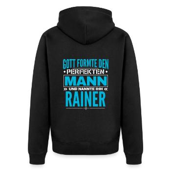 Rainer Name Design - Unisex Premium Bio Zip Hoodie - Schwarz - Hinten - Nico (187cm)