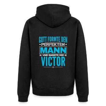 Victor Name Design - Unisex Premium Bio Zip Hoodie - Schwarz - Hinten - Nico (187cm)