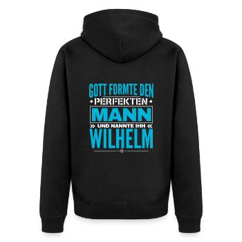 Wilhelm Name Design - Unisex Premium Bio Zip Hoodie - Schwarz - Hinten - Nico (187cm)