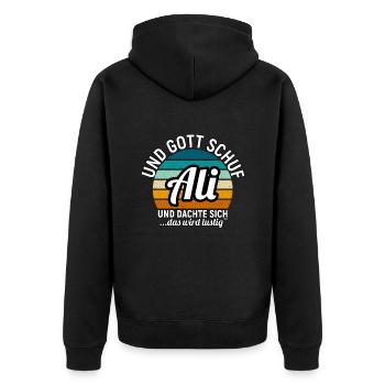 André - Unisex Premium Bio Zip Hoodie - Schwarz - Hinten - Nico (187cm)