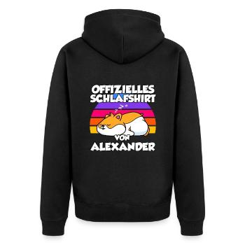 Offizielles Schlafshirt Von Alexander - Unisex Premium Bio Zip Hoodie - Schwarz - Hinten - Nico (187cm)