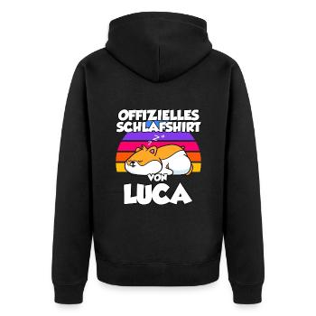 Offizielles Schlafshirt Von Luca - Unisex Premium Bio Zip Hoodie - Schwarz - Hinten - Nico (187cm)