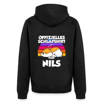 Offizielles Schlafshirt Von Nils - Unisex Premium Bio Zip Hoodie - Schwarz - Hinten - Nico (187cm)