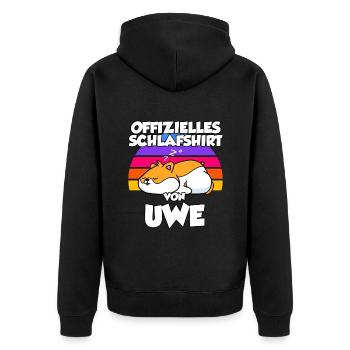 Offizielles Schlafshirt Von Uwe - Unisex Premium Bio Zip Hoodie - Schwarz - Hinten - Nico (187cm)